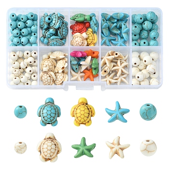 DIY Synthetic Turquoise Beads Kits, Dyed, Round & Tortoise & Starfish, Mixed Shapes, Mixed Color, 6~18x6~14x4.5~8mm, Hole: 1~1.5mm, 129pcs/box