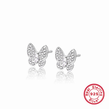 Butterfly Rhodium Plated 925 Sterling Silver Micro Pave Cubic Zirconia Stud Earrings, Clear, 9.4mm