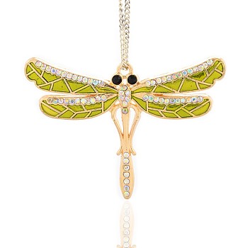 Golden Alloy Enamel Big Pendants, with Crystal AB Rhinestone, Dragonfly, Yellow Green, 46x66x4mm, Hole: 2.5mm