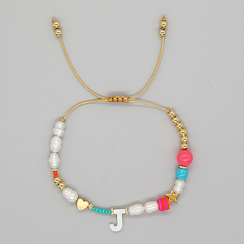 Initial Letter Natural Pearl Braided Bead Bracelet, Adjustable Bracelet, Letter J, 11 inch(28cm)