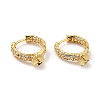 Brass Micro Pave Clear Cubic Zirconia Hoop Earring Findings, for Half Drilled Beads, Cadmium Free & Nickel Free & Lead Free, Real 18K Gold Plated, 19x15x6mm, Pin: 1mm and 0.7mm(for half drilled beads)