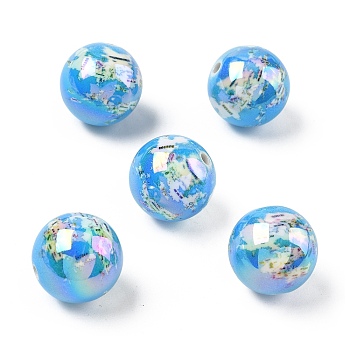 Printing & UV Plating Opaque Acrylic Beads, Round with Map Pattern, Sky Blue, 20mm, Hole: 2.5mm