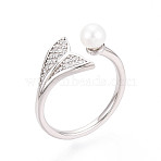 Adjustable 925 Sterling Silver with Cubic Zirconia Mermaid Fishtail Ring, Natural Freshwater Pearl Open Cuff Ring, Platinum, US Size 6(16.5mm)(STER-T008-89P)