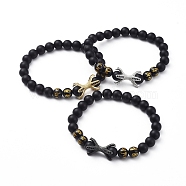 Natural Black Agate(Dyed) Beads Stretch Bracelets, with Round Carved Om Mani Padme Hum Natural Obsidian Beads and Brass Cubic Zirconia Beads, Mixed Color, 2-1/8 inch(5.5cm)(BJEW-JB04801)
