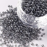 Glass Seed Beads, Trans. Colours Lustered, Round, Gray, 2mm, Hole: 1mm, 3333pcs/50g, 50g/bag, 18bags/2pounds(SEED-US0003-2mm-112)