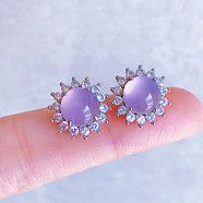 Natural Chalcedony Flower Stud Earrings, with Clear Cubic Zirconia, Platinum, Thistle, 14mm, Pin: 0.8mm(G-S001-06P-B)