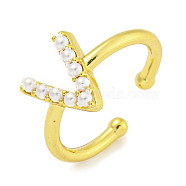 Rack Plating Brass Open Cuff Rings for Women, with ABS Imitation Pearl, Cadmium Free & Lead Free, Long-Lasting Plated, Letter, Letter V, Inner Diameter: 17mm, Letter V: 11x10mm(RJEW-F162-01G-V)