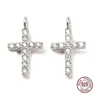 925 Sterling Silver Micro Pave Cubic Zirconia Charms, Cross, Real Platinum Plated, 10.5x6x3mm, Hole: 1.2mm(STER-Q190-03P)