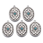 Tibetan Style Alloy Pendants, with Synthetic Turquoise, Oval, Cadmium Free & Nickel Free & Lead Free, Thailand Sterling Silver Plated, 31.5x23x4.5mm, Hole: 1.8mm(PALLOY-R113-16TAS-NR)