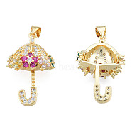 Brass Micro Pave Colorful Cubic Zirconia Pendants, with Brass Snap on Bails, Nickel Free, Umbrella, Real 18K Gold Plated, 29.5x18x9mm, Hole: 3x4mm(ZIRC-N039-255)