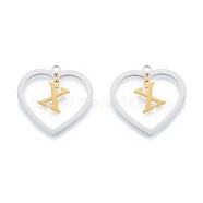 201 Stainless Steel Pendants, Hollow, Heart with Letter A~Z, Real Gold Plated & Stainless Steel Color, Letter.X, 29x29.5x1mm, Hole: 2mm, A~Z: 12x8~10.5x1mm(STAS-N090-LA894-X-P)