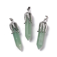 Natural Green Aventurinee Big Pendants, with Platinum Tone Brass Findings, Cadmium Free & Lead Free, Bullet with Leaf, 53.5~57x14~15x14~15mm, Hole: 7x4mm(G-E059-03AS-05)