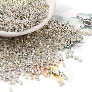 Electroplate Glass Seed Beads, Metallic Colours, Cylinder, Silver Plated, 2x1.5mm, Hole: 1mm, about 6550pcs/50g(X-SEED-S042-01B-08)