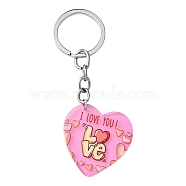 Valentine's Day Acrylic Keychain, with Iron Ring, Heart with Love, Pink, 9.1cm(KEYC-YW00020-05)