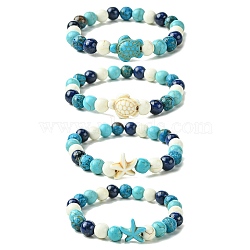 Summer Beach Turtle/Starfish Dyed Synthetic Turquoise Bracelets, 8mm Round Dyed Natural Ocean Agate/Ocean Jasper & Lapis Lazuli Beaded Stretch Bracelets, Mixed Color, Inner Diameter: 2-1/8 inch(5.3cm)(BJEW-JB10896)