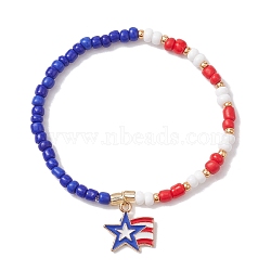 Glass Seed Beaded Stretch Bracelet, Independence Day Bracelet with Alloy Enamel Star Charms, Colorful, Inner Diameter: 2 inch(5.2cm)(BJEW-MZ00054-02)