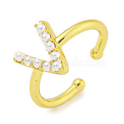 Rack Plating Brass Open Cuff Rings for Women, with ABS Imitation Pearl, Cadmium Free & Lead Free, Long-Lasting Plated, Letter, Letter V, Inner Diameter: 17mm, Letter V: 11x10mm(RJEW-F162-01G-V)