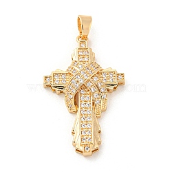 Brass Micro Pave Cubic Zirconia Pendants, Long-Lasting Plated, Cross, Golden, 38.5x24.5x6.5mm, Hole: 6x4mm(KK-P250-05G)