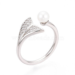 Adjustable 925 Sterling Silver with Cubic Zirconia Mermaid Fishtail Ring, Natural Freshwater Pearl Open Cuff Ring, Platinum, US Size 6(16.5mm)(STER-T008-89P)
