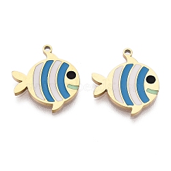 Ion Plating(IP) 316L Surgical Stainless Steel Charms, Nickel Free, with Enamel, Real 18K Gold Plated, Fish Charm, Dodger Blue, 16x14.5x1.5mm, Hole: 1.2mm(STAS-D035-01C-G-01)