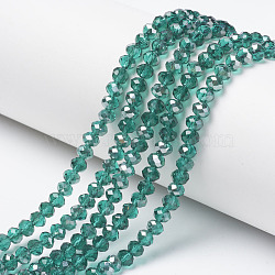 Electroplate Transparent Glass Beads Strands, Half Gray Plated, Faceted, Rondelle, Light Sea Green, 6x5mm, Hole: 1mm, about 85~88pcs/strand, 16.1~16.5 inch(41~42cm)(EGLA-A034-T6mm-E08)