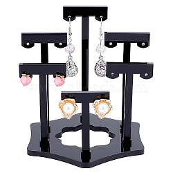 Opaque Acrylic T-Bar Riser Earring Display Stands, with Flower Base, for 6 Pairs Earring Displays, Black, 5.3~9.85x3.45~8.8x0.4cm, Hole: 1.8mm, 6pcs/set(EDIS-WH0021-03A)