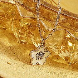 Flower Stainless Steel Pendant Necklaces for Women, with Rhinestones, Stainless Steel Color, 15.75 inch(40cm)(XG0205-2)