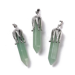 Natural Green Aventurinee Big Pendants, with Platinum Tone Brass Findings, Cadmium Free & Lead Free, Bullet with Leaf, 53.5~57x14~15x14~15mm, Hole: 7x4mm(G-E059-03AS-05)