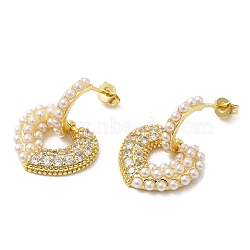 Rack Plating Brass Heart Dangle Stud Earrings with Plastic Pearl, Cubic Zirconia Earrings, Cadmium Free & Lead Free, Real 18K Gold Plated, 25x17.5mm(EJEW-M222-02G)