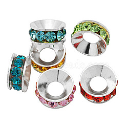 Brass Rhinestone Spacer Beads, Grade A, Rondelle, Silver Color Plated, Mixed Color, 10x4.2mm, Hole: 5.2~5.7mm(RB-A020-10mm-S)