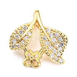 Brass Micro Cubic Zirconia Peg Bail Charms, for Baroque Pearl Making, Leaf, Real 14K Gold Plated, 13.5x13x4.5mm, Hole: 3mm, Pin: 0.7mm(KK-Q794-04A-G)