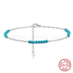 925 Sterling Silver Dapped Chain Anklet, Synthetic Turquoise Beads Anklet, Real Platinum Plated, 8-1/2 inch(21.7cm)(AJEW-Z029-23P)