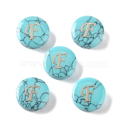 Synthetic Turquoise Beads, with Golden Tone Brass Slices, Flat Round with Letter, Letter F, 15x5.5mm, Hole: 1.4mm(G-A238-02F)