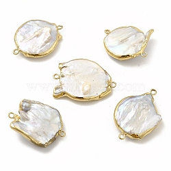 Baroque Natural Keshi Pearl Connector Charms, Flat Round Links, with Brass Double Loops, Light Gold, 28~32x21~26x5~7mm, Hole: 1.6~1.8mm(PEAR-P004-21KCG)