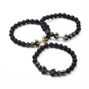 Natural Black Agate(Dyed) Beads Stretch Bracelets, with Round Carved Om Mani Padme Hum Natural Obsidian Beads and Brass Cubic Zirconia Beads, Mixed Color, 2-1/8 inch(5.5cm)