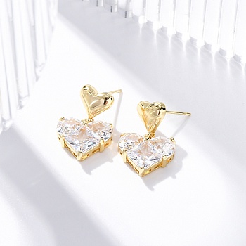 Rack Plating Heart Brass Micro Pave Clear Cubic Zirconia Dangle Stud Earrings, Lead Free & Cadmium Free, Real 18K Gold Plated, 22x14.5mm