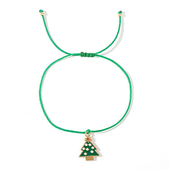 Christmas Alloy Enamel Charm Brided Cord Bracelets, Green, Christmas Tree, 11 inch(28cm)