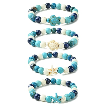 Summer Beach Turtle/Starfish Dyed Synthetic Turquoise Bracelets, 8mm Round Dyed Natural Ocean Agate/Ocean Jasper & Lapis Lazuli Beaded Stretch Bracelets, Mixed Color, Inner Diameter: 2-1/8 inch(5.3cm)