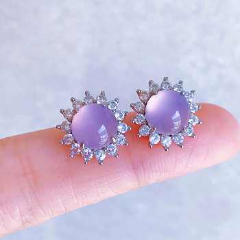 Natural Chalcedony Flower Stud Earrings, with Clear Cubic Zirconia, Platinum, Thistle, 14mm, Pin: 0.8mm