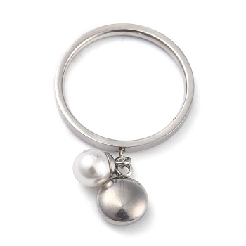 Dual-use Items, 304 Stainless Steel Finger Rings or Pendants, with Plastic Round Beads, Flat Round, White, Stainless Steel Color, US Size 5~9(15.7~18.9mm)