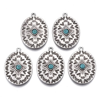 Tibetan Style Alloy Pendants, with Synthetic Turquoise, Oval, Cadmium Free & Nickel Free & Lead Free, Thailand Sterling Silver Plated, 31.5x23x4.5mm, Hole: 1.8mm