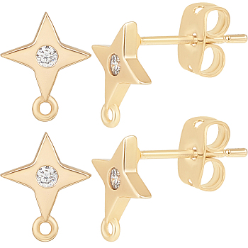 10Pcs Star Shape Brass Cubic Zirconia Stud Earring Findings, with Horizontal Loop, with 10Pcs Friction Ear Nuts, Real 18K Gold Plated, 10x8mm, Hole: 0.8mm, Pin: 0.7mm