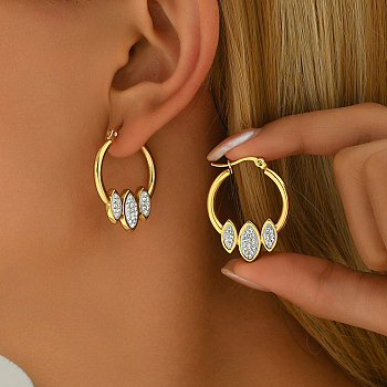 Elegant Stainless Steel Geometric Oval Hoop Earrings, with Rhinestone, White, 31x25mm