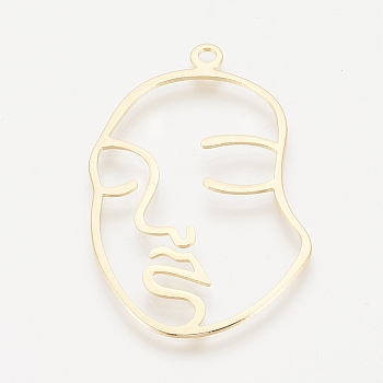 Brass Pendants, Face, Nickel Free, Real 18K Gold Plated, 46.5x29x1mm, Hole: 2mm