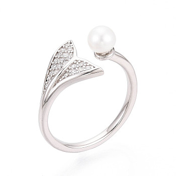 Adjustable 925 Sterling Silver with Cubic Zirconia Mermaid Fishtail Ring, Natural Freshwater Pearl Open Cuff Ring, Platinum, US Size 6(16.5mm)
