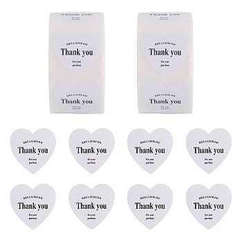 2Roll Heart with Thank You Roll Stickers, Self-Adhesive Paper Gift Tag Stickers, for Party Decorative Presents Thaksgiving Day, White, 25x25x0.1mm, 2roll/set