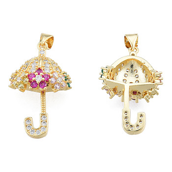 Brass Micro Pave Colorful Cubic Zirconia Pendants, with Brass Snap on Bails, Nickel Free, Umbrella, Real 18K Gold Plated, 29.5x18x9mm, Hole: 3x4mm