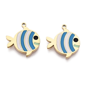 Ion Plating(IP) 316L Surgical Stainless Steel Charms, Nickel Free, with Enamel, Real 18K Gold Plated, Fish Charm, Dodger Blue, 16x14.5x1.5mm, Hole: 1.2mm