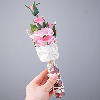 Handmade Plastic Artificial Bouquet Flower, with Hexagon Prism Natural Rhodonite, for DIY Wedding Party Decoration, 80~90mm