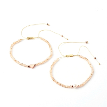 Nylon Thread Braided Bead Bracelets Sets, with Electroplate Glass Beads & Brass Beads, Heart, PeachPuff, Inner Diameter: 2-3/8 inch(6.1~11cm), 2pcs/set